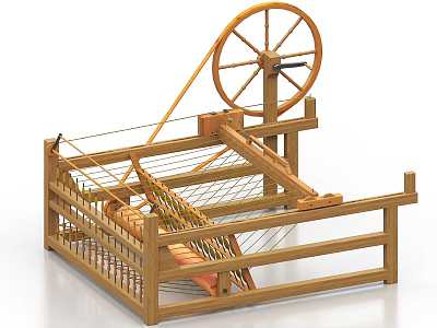 Traditional Wooden Industrial Equipment With Large Wheel And Weaving Frame Structure 3d model