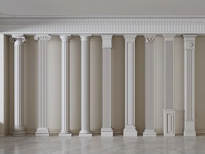 White Classical Columns With Decorative Capitals Aligned In Interior Space With Smooth Marble Floor 3d model