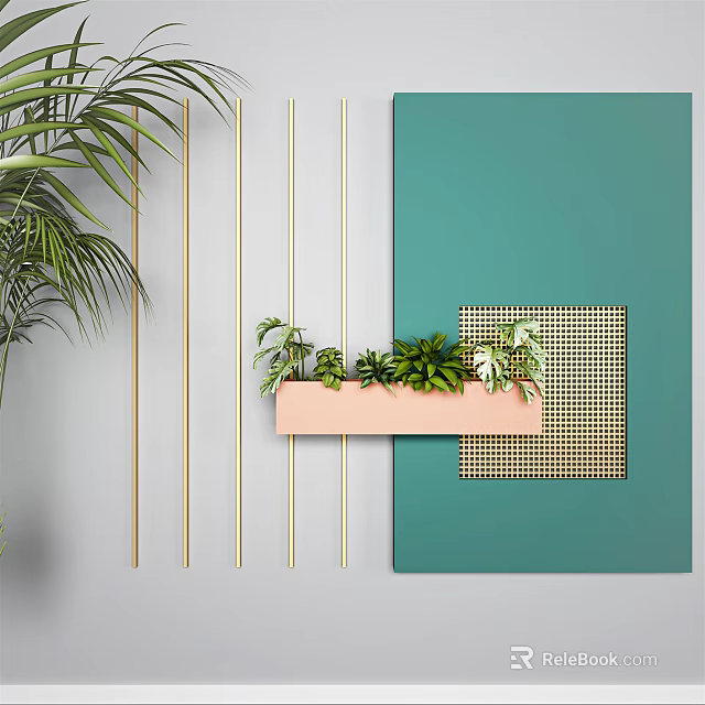 Modern Wall Decor with Teal Panel Golden Lines and Pink Planter with Green Plants 3d model 