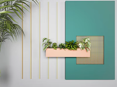Modern Wall Decor with Teal Panel Golden Lines and Pink Planter with Green Plants 3d model