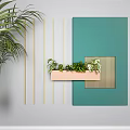 Modern Wall Decor with Teal Panel Golden Lines and Pink Planter with Green Plants