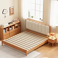 Cozy Bedroom Wooden Beige Upholstered Double Bed With Panda Pillow Orange Blanket Table Lamp And Bookshelf