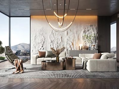 Modern Living Room Interior With Beige Sofa Coffee Table Gold Chandelier And Textured Wall 3d model