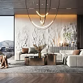 Modern Living Room Interior With Beige Sofa Coffee Table Gold Chandelier And Textured Wall