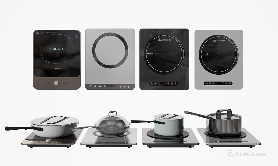 Modern Kitchen Appliances Featuring Various Induction Cooktops And Cooking Pans 3d model