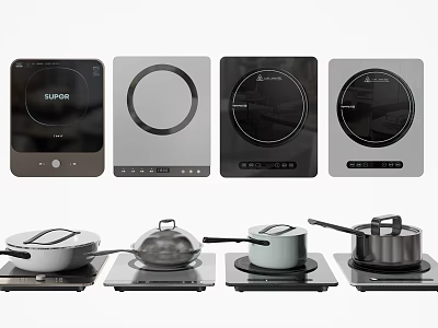 Modern Kitchen Appliances Featuring Various Induction Cooktops And Cooking Pans 3d model