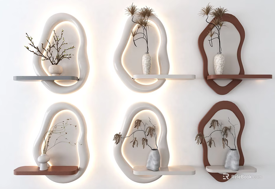 Modern Curved Wall Decor Set with LED Lighting Shelves and Potted Plants in White Brown 3d model 