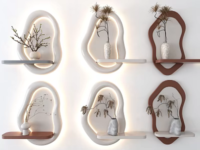 Modern Curved Wall Decor Set with LED Lighting Shelves and Potted Plants in White Brown 3d model