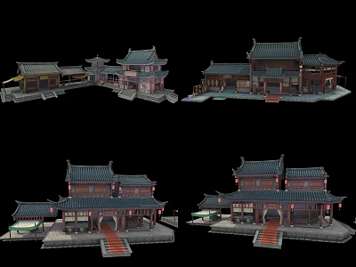 Traditional Chinese Ancient Architecture With Curved Tile Roofs And Wooden Courtyard Structures 3d model