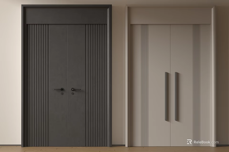 Modern Interior Double Doors Design With Dark Gray Vertical Strips And Light Beige Long Handles 3d model 