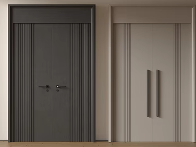 Modern Interior Double Doors Design With Dark Gray Vertical Strips And Light Beige Long Handles 3d model