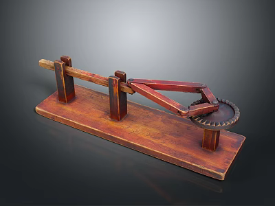 Wooden Industrial Equipment With Lever Mechanism And Gear Component On Base Structure 3d model