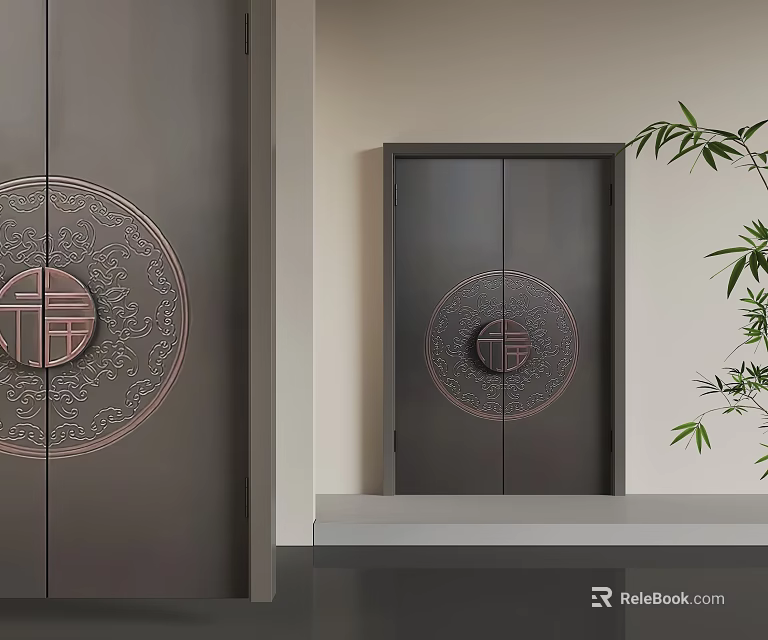 Chinese Style Security Doors with Circular Fortune Pattern and Dark Brown Finish in Modern Interior 3d model 