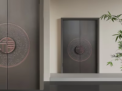 Chinese Style Security Doors with Circular Fortune Pattern and Dark Brown Finish in Modern Interior 3d model