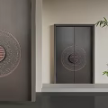 Chinese Style Security Doors with Circular Fortune Pattern and Dark Brown Finish in Modern Interior