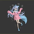 Cute Cartoon Child with Light Blue Hair Pink Dress Big Gloves and Fox Tail Dancing
