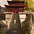 Ancient Architecture on Mountain Slope With Traditional Roof Stone Bridge and Flowing Stream