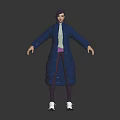 3D Character Model in Blue Coat with Light Green Inner Top Purple Pants and White Shoes Arms Outstretched