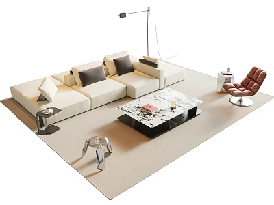 Modern Sofa Coffee Table Set With Marble Top And Accent Chair In Living Room 3d model