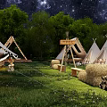 Garden Landscape With White Tipis Under Starry Sky Trees Tables Chairs Hay Bales Log Stacks