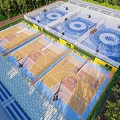 Aerial View Of Multiple Basketball Courts With Colorful Surfaces And Bleachers 3d model