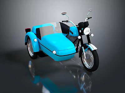Vintage Black Motorcycle With Blue Sidecar on Shiny Surface Classic Design 3d model