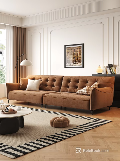 Brown Velvet Two Seater Sofa With Tufted Backrest White Plaid Cushions Floor Lamp 3d model 