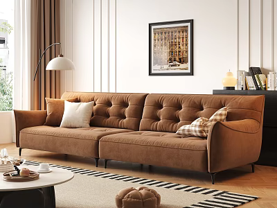 Brown Velvet Two Seater Sofa With Tufted Backrest White Plaid Cushions Floor Lamp 3d model