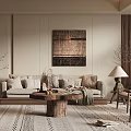 Modern Beige Living Room Interior Design With Sofa Coffee Table Rug And Decorative Artwork