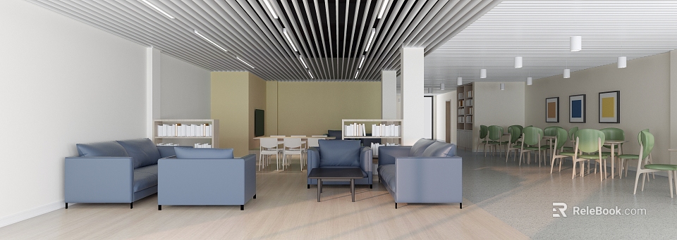 Modern Interior Space With Light Blue Sofas Coffee Table And Bookshelves 3d model 