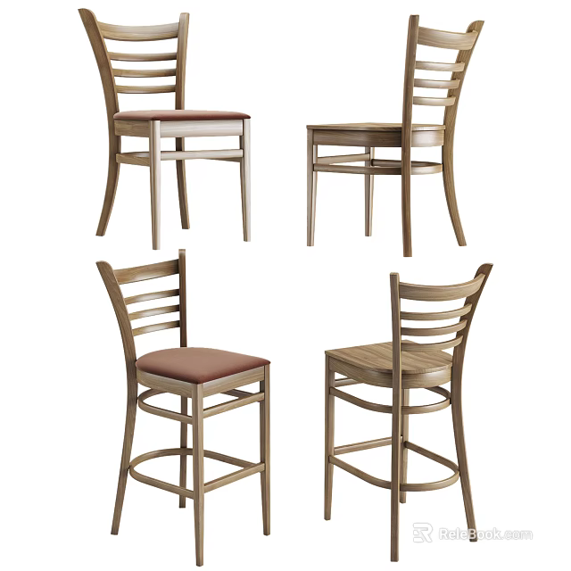 Wooden Bar Stools With Brown Seat And Backrest In Tall Design Displayed From Different Angles 3d model 