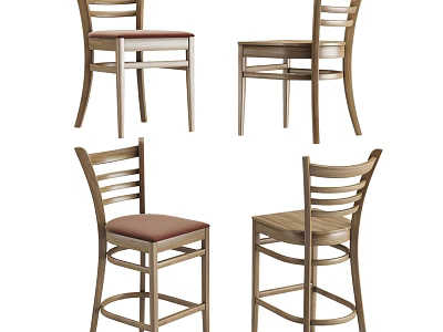 Wooden Bar Stools With Brown Seat And Backrest In Tall Design Displayed From Different Angles 3d model