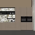 Modern Kitchen Cabinets With Marble Backsplash Built In Ovens And Storage Shelves