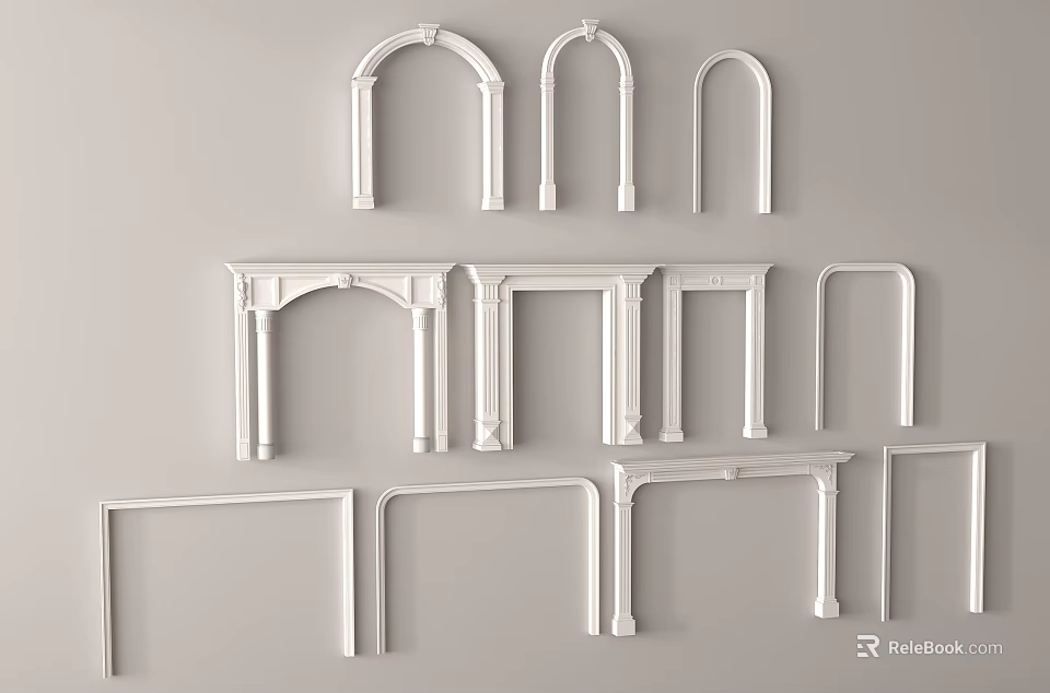 White Architectural Components With Various Arch And Frame Styles On 3d model