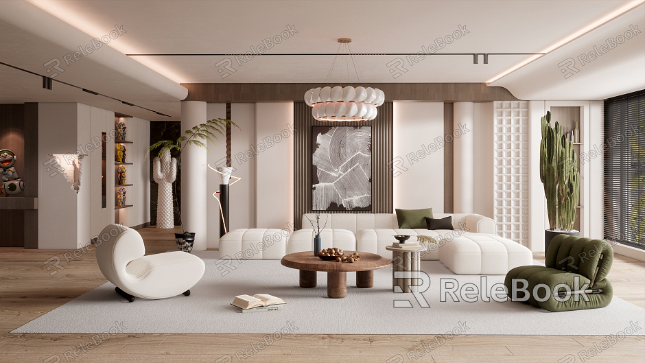 Modern Living Room Cream Home Living Room Coffee Table Sofa Combination Chandelier Potted Ornaments model