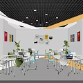 Modern School Classroom With Black Grid Ceiling Colorful Posters Green Plants And Laptop Desks