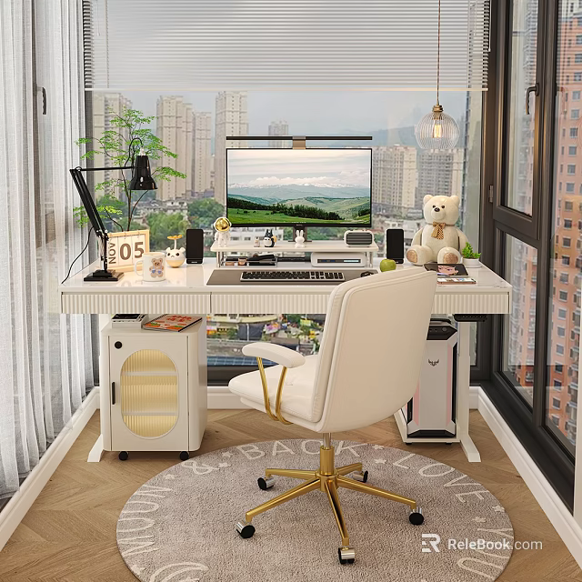 White Desk Setup With Computer Monitor Desk Lamp Teddy Bear And City View Through Window 3d model 