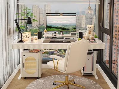 White Desk Setup With Computer Monitor Desk Lamp Teddy Bear And City View Through Window 3d model