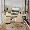 White Desk Setup With Computer Monitor Desk Lamp Teddy Bear And City View Through Window