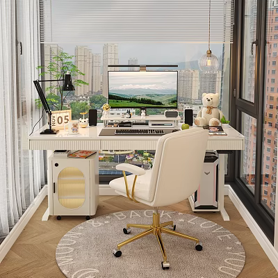 White Desk Setup With Computer Monitor Desk Lamp Teddy Bear And City View Through Window 3d model