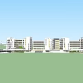 Modern School Building Campus With Green Roofs River Sports Field And Trees