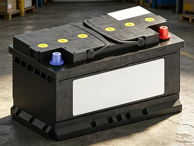 Industrial Battery With Black Casing Yellow Markers Blue And Red Caps In Warehouse 3d model