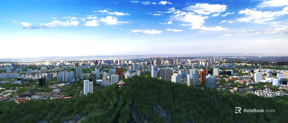 Aerial View Urban Planning With High Rise Buildings Green Areas Blue Sky And White Clouds 3d model 