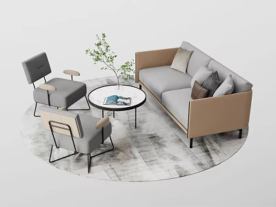Modern Sofa And Coffee Table With Gray Chairs Green Plant Magazine On Gray Rug 3d model