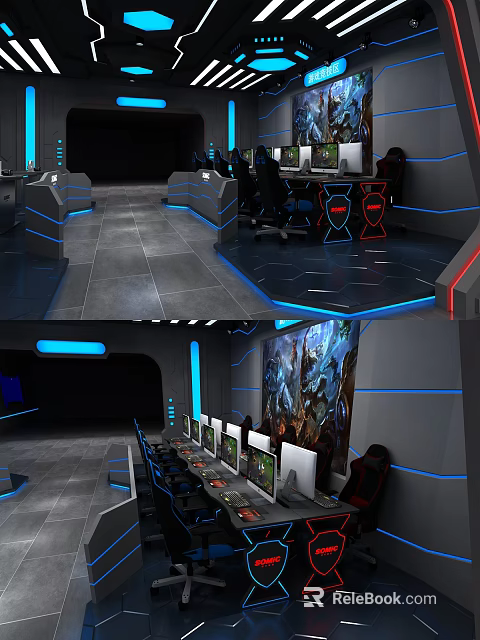 Modern Cyber Cafe Interior With Gaming Computers Multiple Monitors Comfortable Seats And LED Lighting 3d model