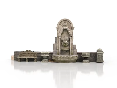 Ornate Stone Fountain With Arch Design Carvings And Surrounding Stone Basins And Bench 3d model