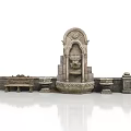 Ornate Stone Fountain With Arch Design Carvings And Surrounding Stone Basins And Bench
