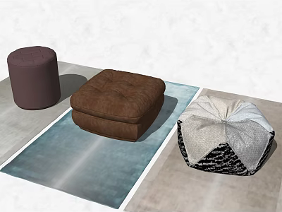 Variety of Ottoman Footstools in Brown and Geometric Designs on Indoor Floors and Rug 3d model