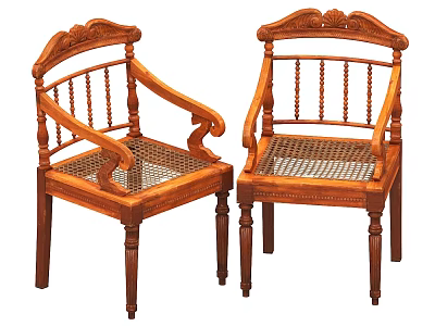 Pair Of Ornate Wooden Armchairs With Carved Backrest And Rattan Seats 3d model