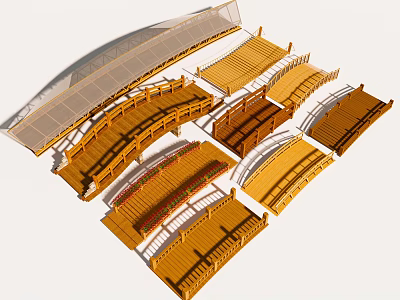 Various Wooden Landscape Bridge Designs With Arch And Flat Decks And Railings 3d model
